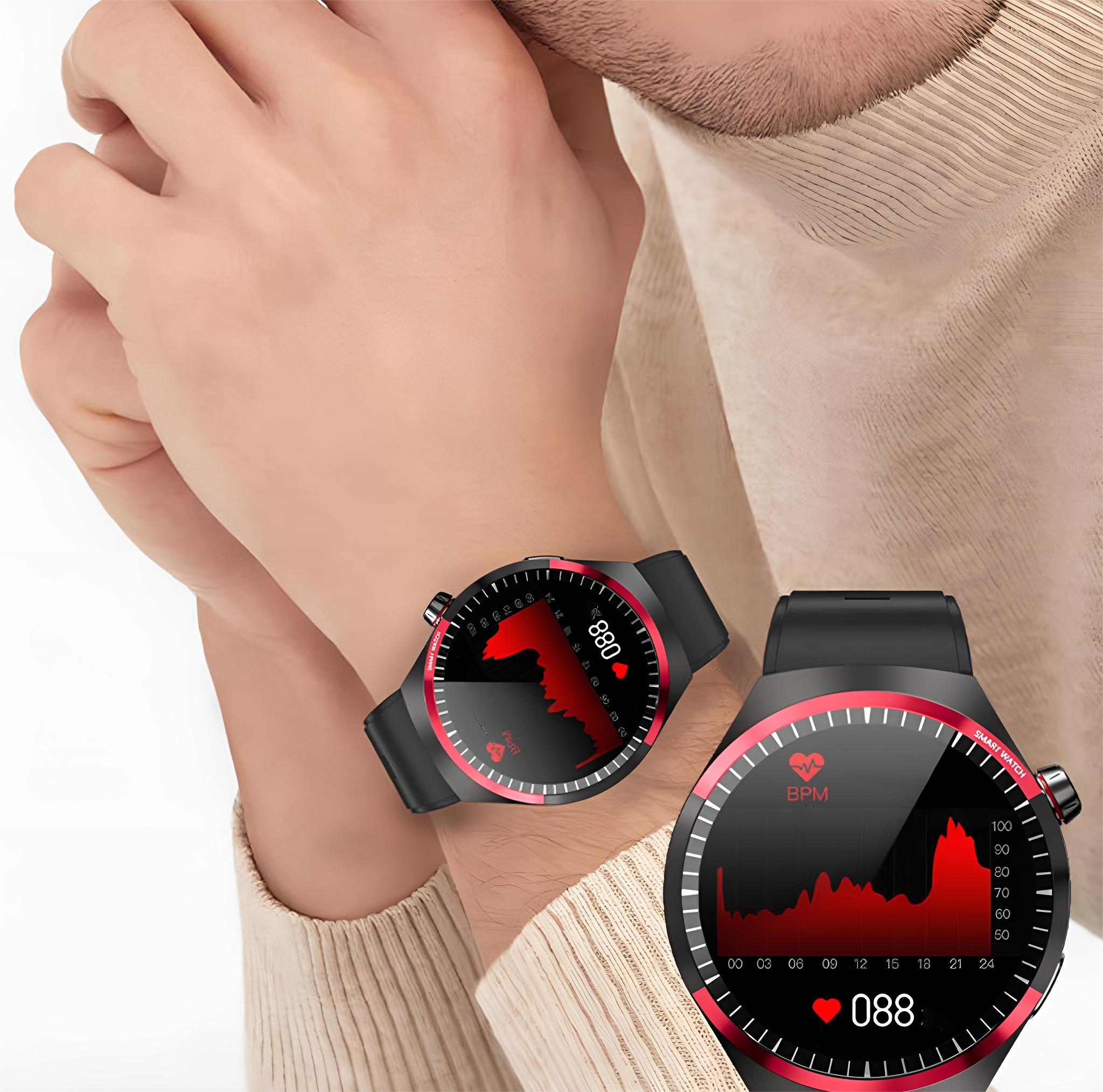 Smartwatch am Handgelenk. Rote Herzfrequenzanzeige. Schwarzes Armband und Lünette. Nahaufnahme.