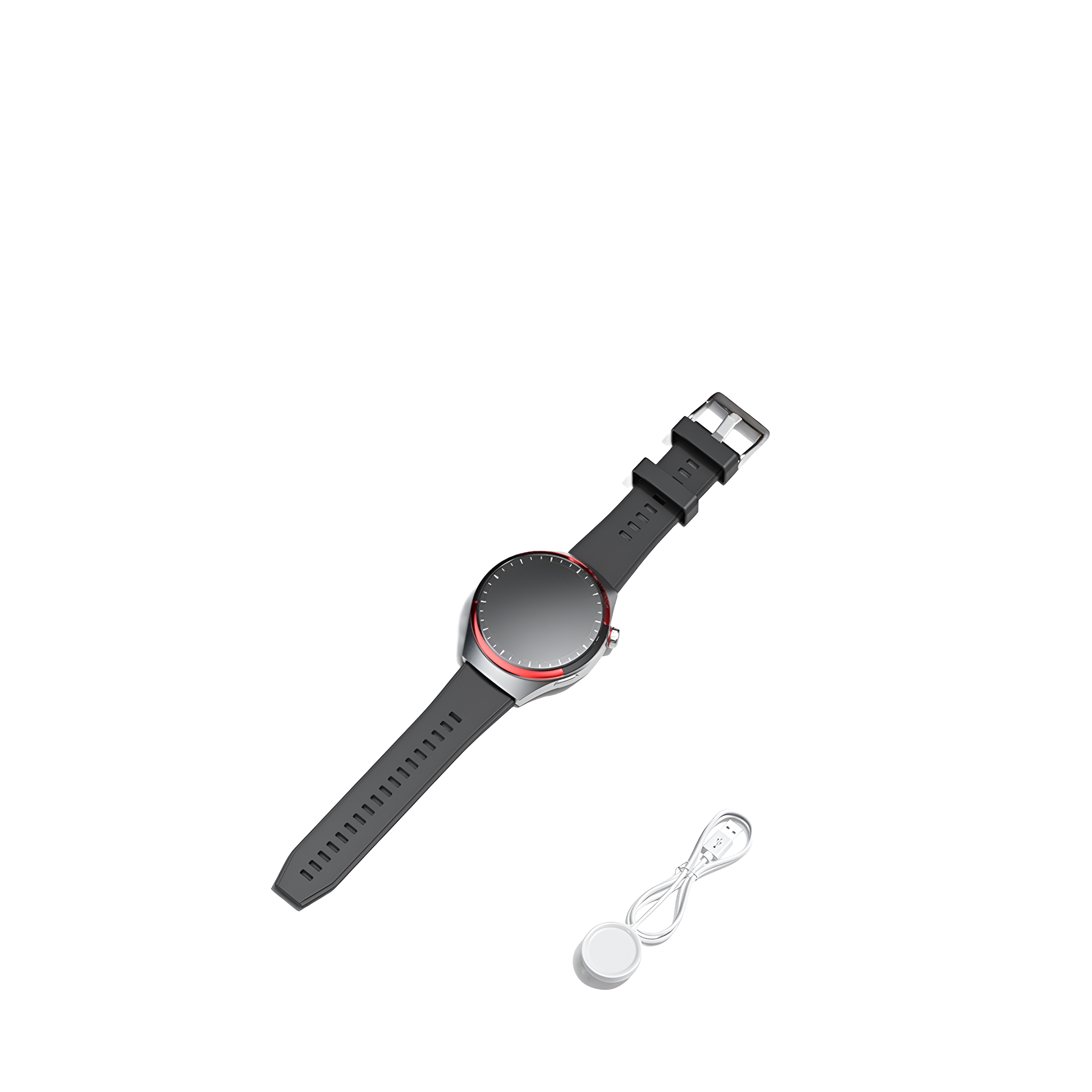Eine schwarze und rote Smartwatch mit schwarzem Band und eine Ladestation auf weißem Hintergrund.