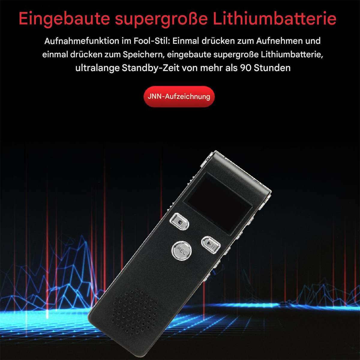 Schwarzes Aufnahmegerät mit Knöpfen und Bildschirm, mit Text, vor blauem Hintergrund.