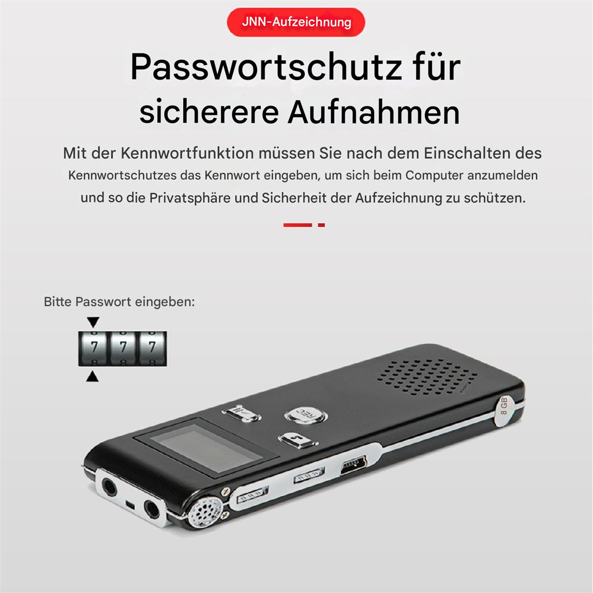 Das Bild zeigt ein schwarzes digitales Diktiergerät mit Bildschirm und Tasten, das den Passwortschutz für sichere Aufnahmen hervorhebt.