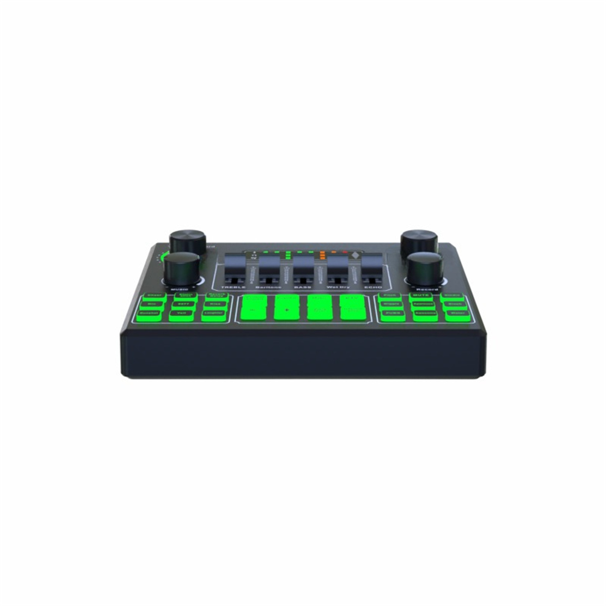 Ein schwarzer und grüner Audio-Mixer mit verschiedenen Knöpfen, Tasten und einem Display.