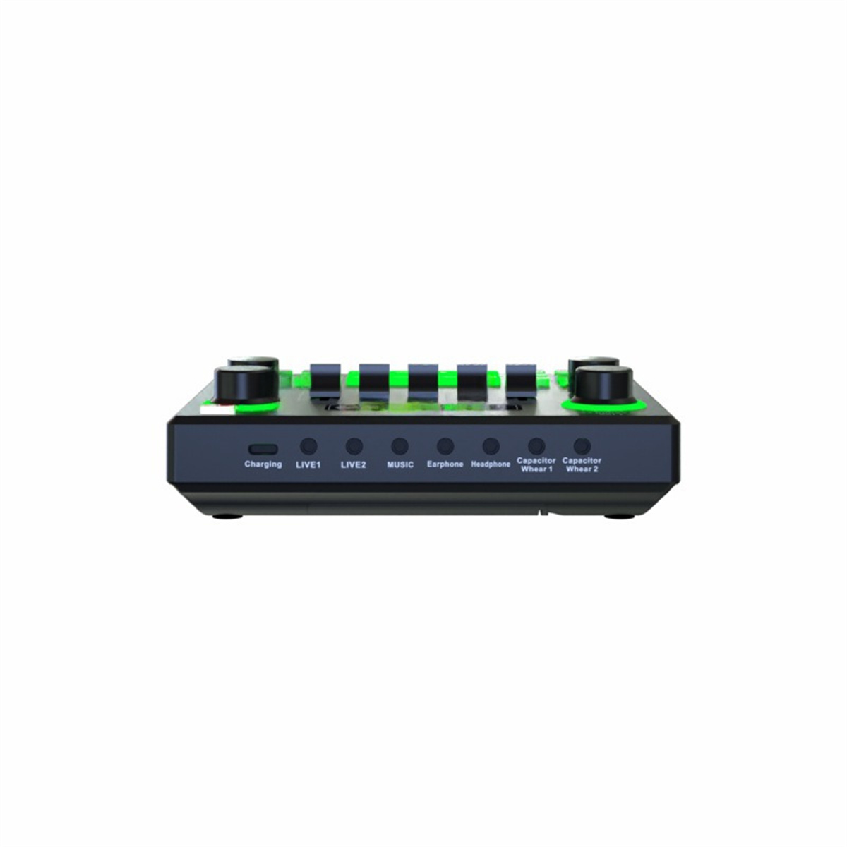 Ein schwarzer Audiomixer mit grünen Lichtern und mehreren Knöpfen. Er liegt auf einer weißen Oberfläche.