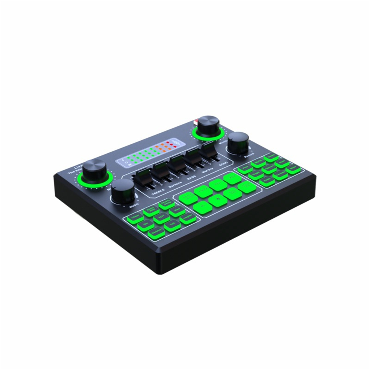 Schwarzer Audio-Mixer mit grünen Knöpfen. Isoliert auf weißem Hintergrund.