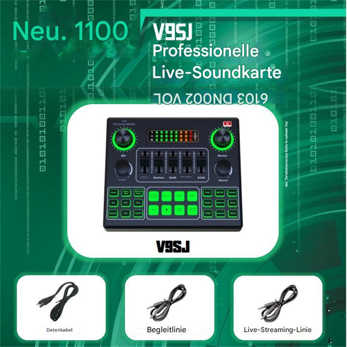 Eine Live-Soundkarte mit Tasten und Schiebereglern wird angezeigt. Kabel sind unten abgebildet, beschriftet mit 'Datenkabel', 'Begleitlinie' und 'Live-Streaming-Linie'.