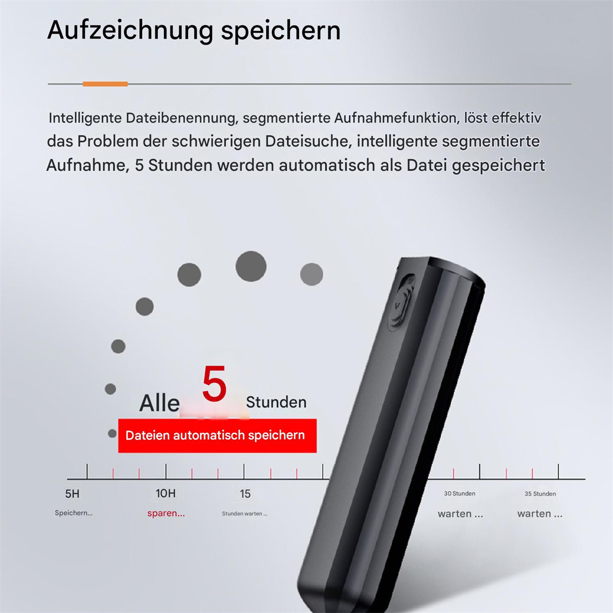 Schwarzes Aufnahmegerät, das eine Zeitleiste mit dem Wort "5" und dem Text "Alle Stunden" zeigt.
