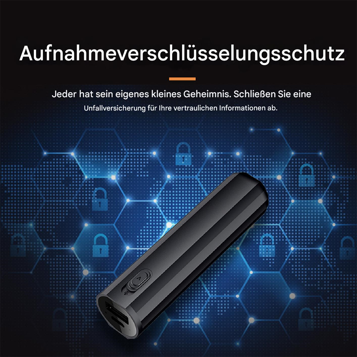 Schwarzes Gerät, Text über Datenverschlüsselung, auf blauem Hexagon-Hintergrund mit Schlössern.