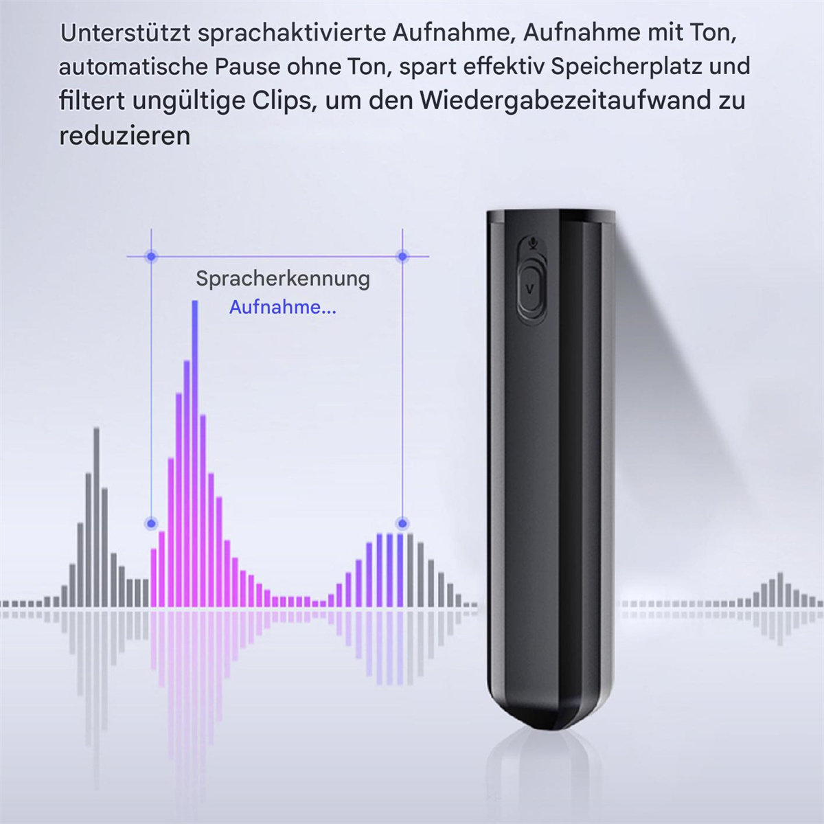 Schwarzer Sprachrekorder mit Wellengrafik. Text zeigt Spracherkennung.