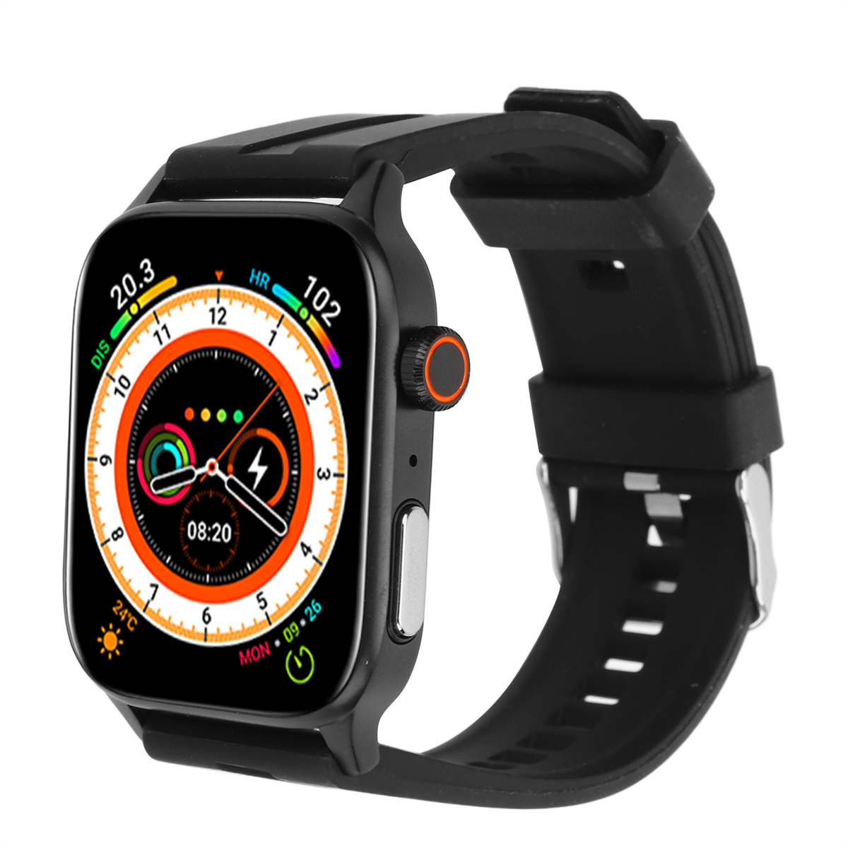 Schwarze Smartwatch mit schwarzem Armband. Der Bildschirm zeigt Zeit und Gesundheitsdaten.