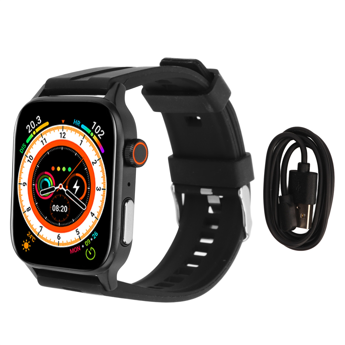 Schwarze Smartwatch mit schwarzem Armband und Ladekabel. Die Uhr zeigt Zeit, Herzfrequenz und andere Daten.
