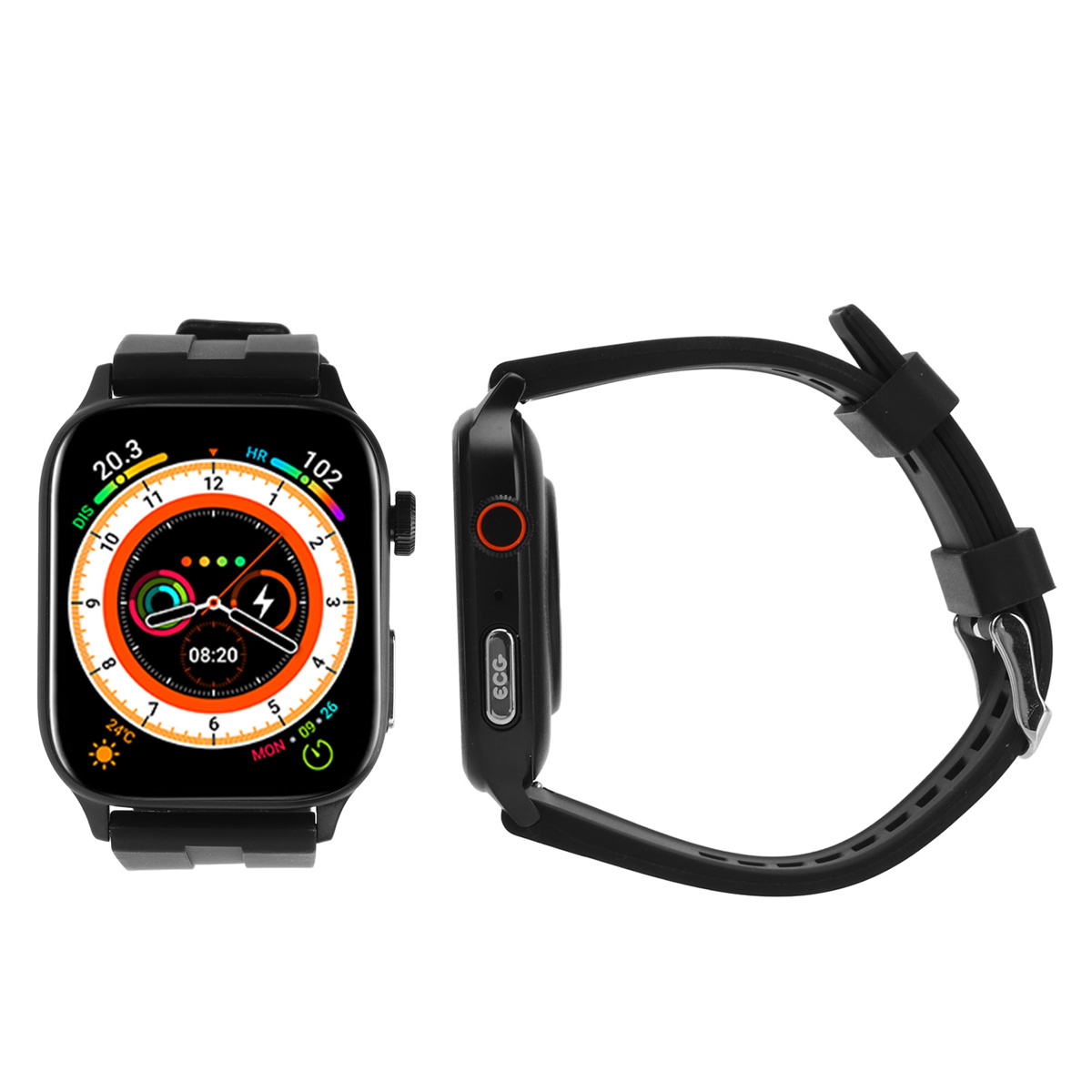 Schwarze Smartwatch mit zwei Ansichten. Eine zeigt den Bildschirm mit Daten.