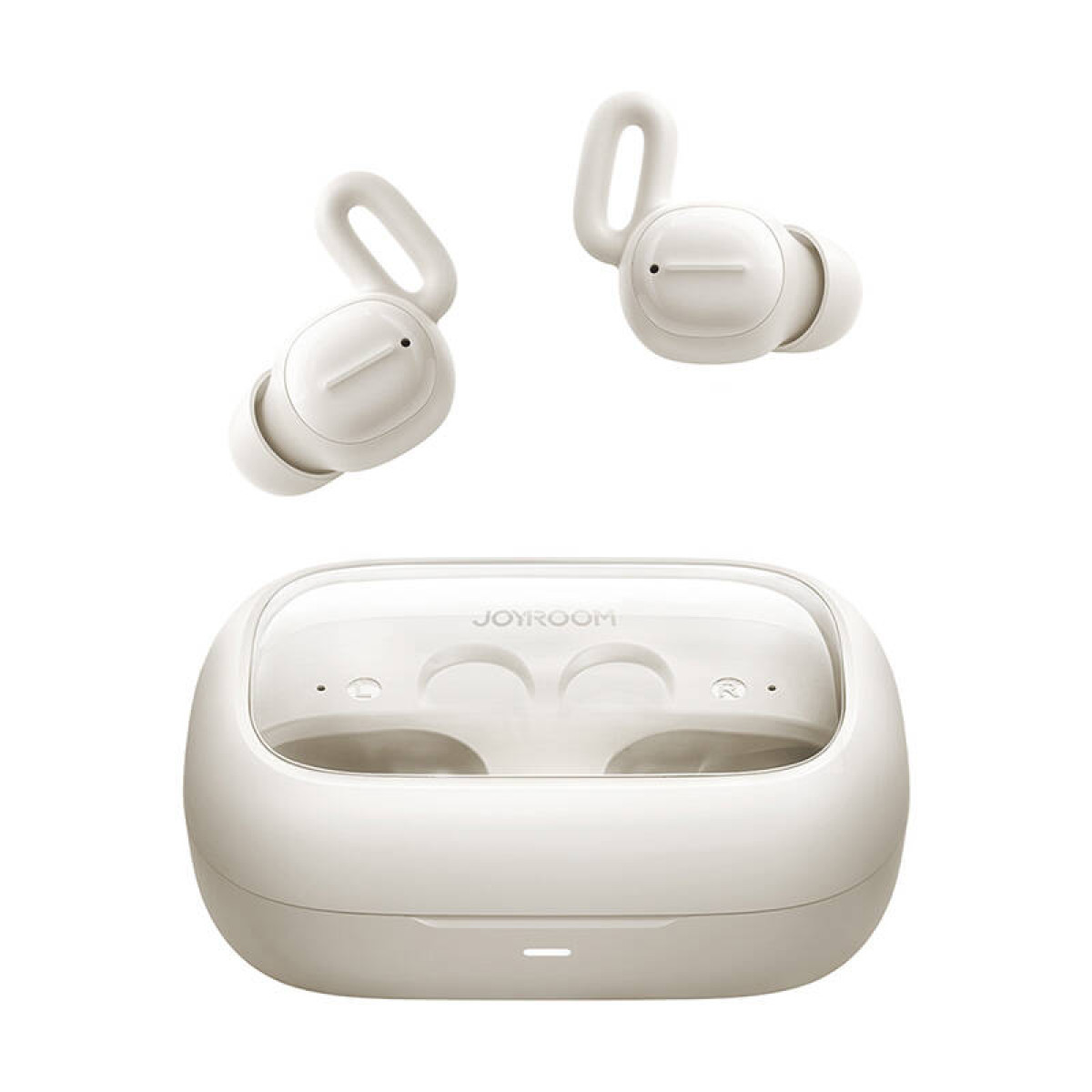 Due auricolari wireless bianchi e una custodia di ricarica su sfondo bianco sono mostrati dall'alto.