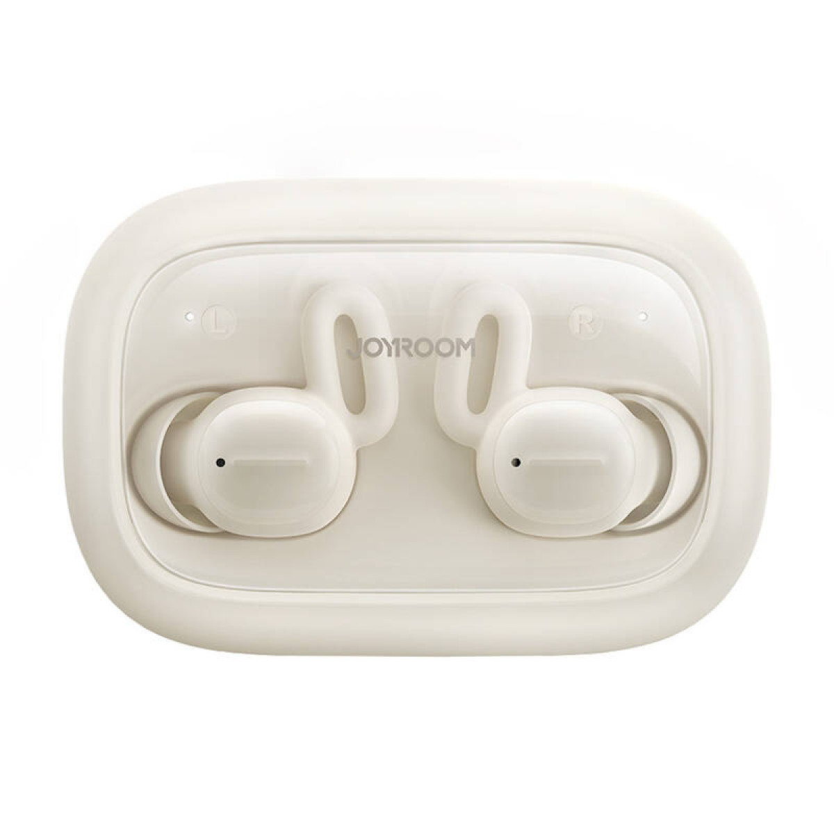 Auricolari bianchi in una custodia bianca. Gli auricolari hanno la scritta 'JOYROOM'.