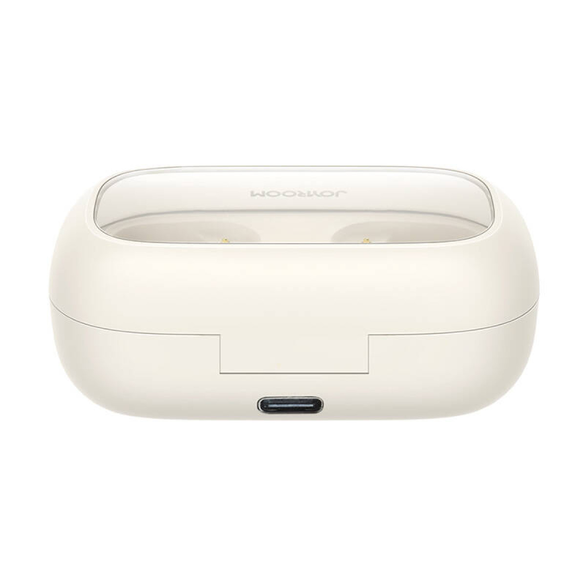 Una custodia di ricarica bianca di forma ovale per auricolari con una porta USB-C. La custodia è chiusa e ha un coperchio trasparente.
