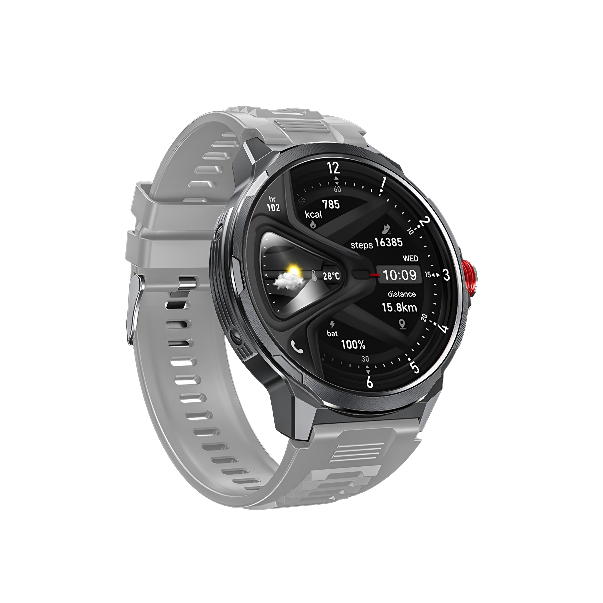 Graue Smartwatch mit schwarzem Bildschirm. Sie zeigt Daten an. Die Uhr hat ein graues Armband und einen roten Knopf.