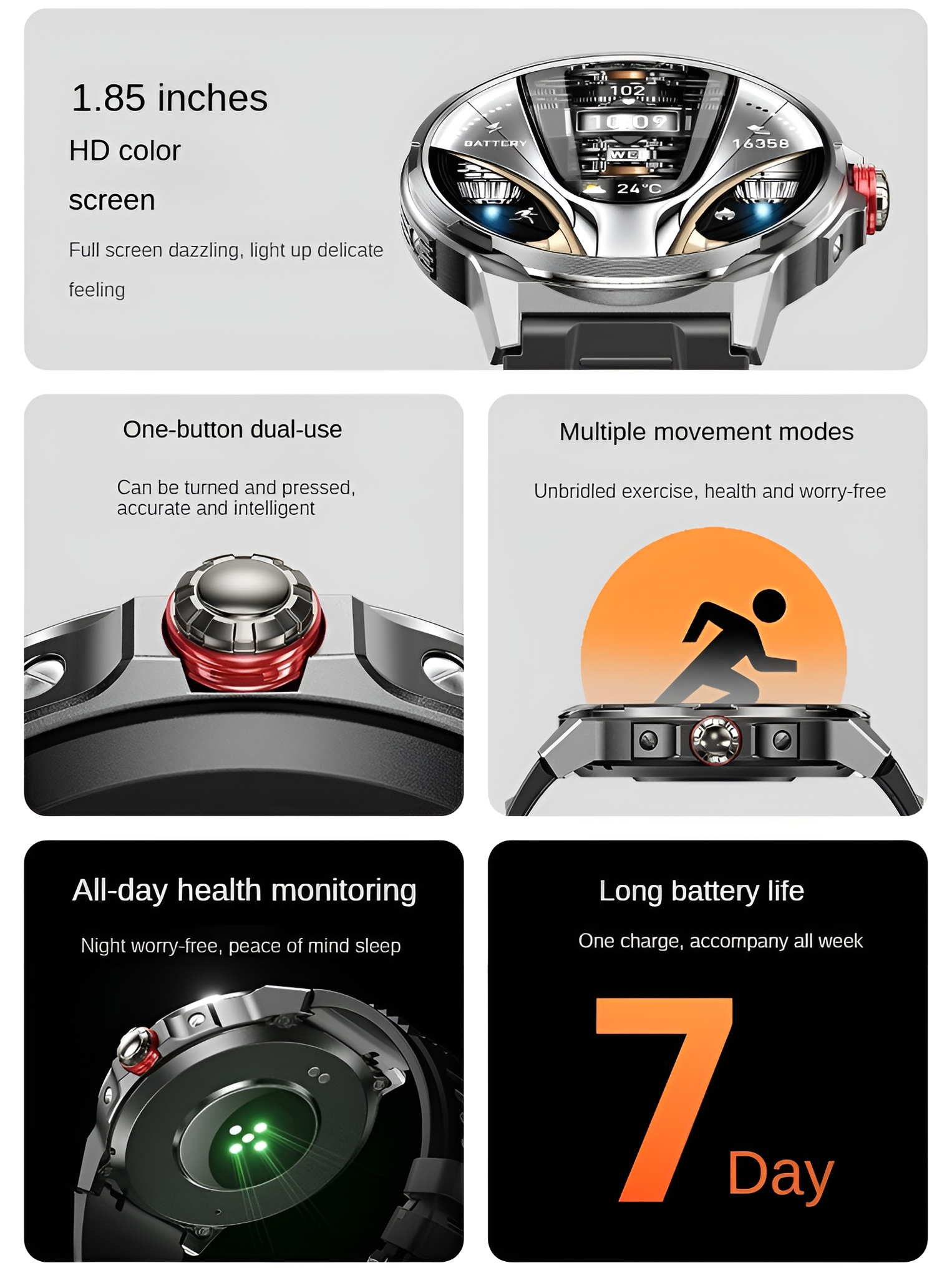 Smartwatch mit verschiedenen Bildschirmen, die Daten anzeigen. Enthält Nahaufnahme von Taste und Trainingssymbol.