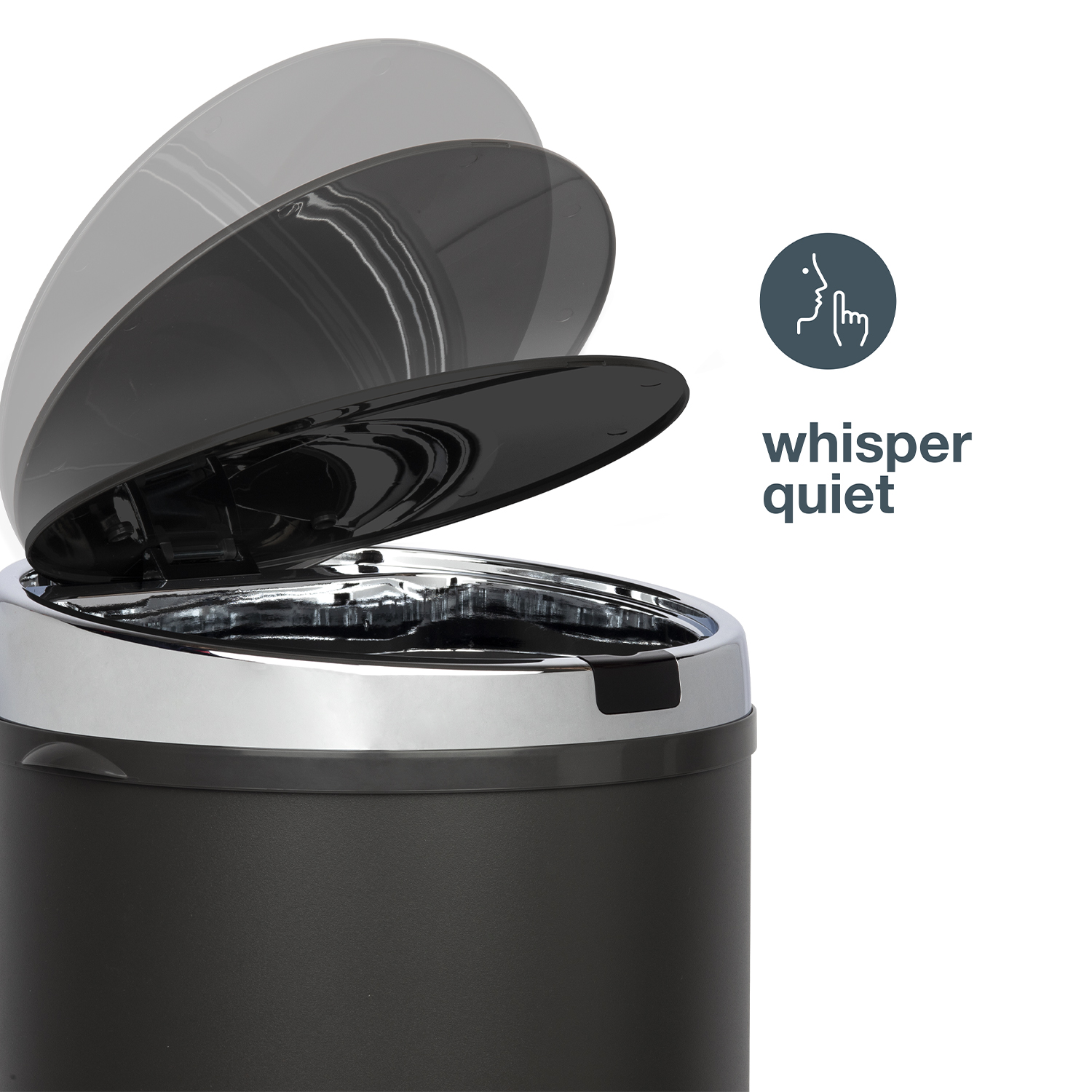 Schwarzer Mülleimer mit silbernem Rand und offenem Deckel, mit dem Text 'whisper quiet'.