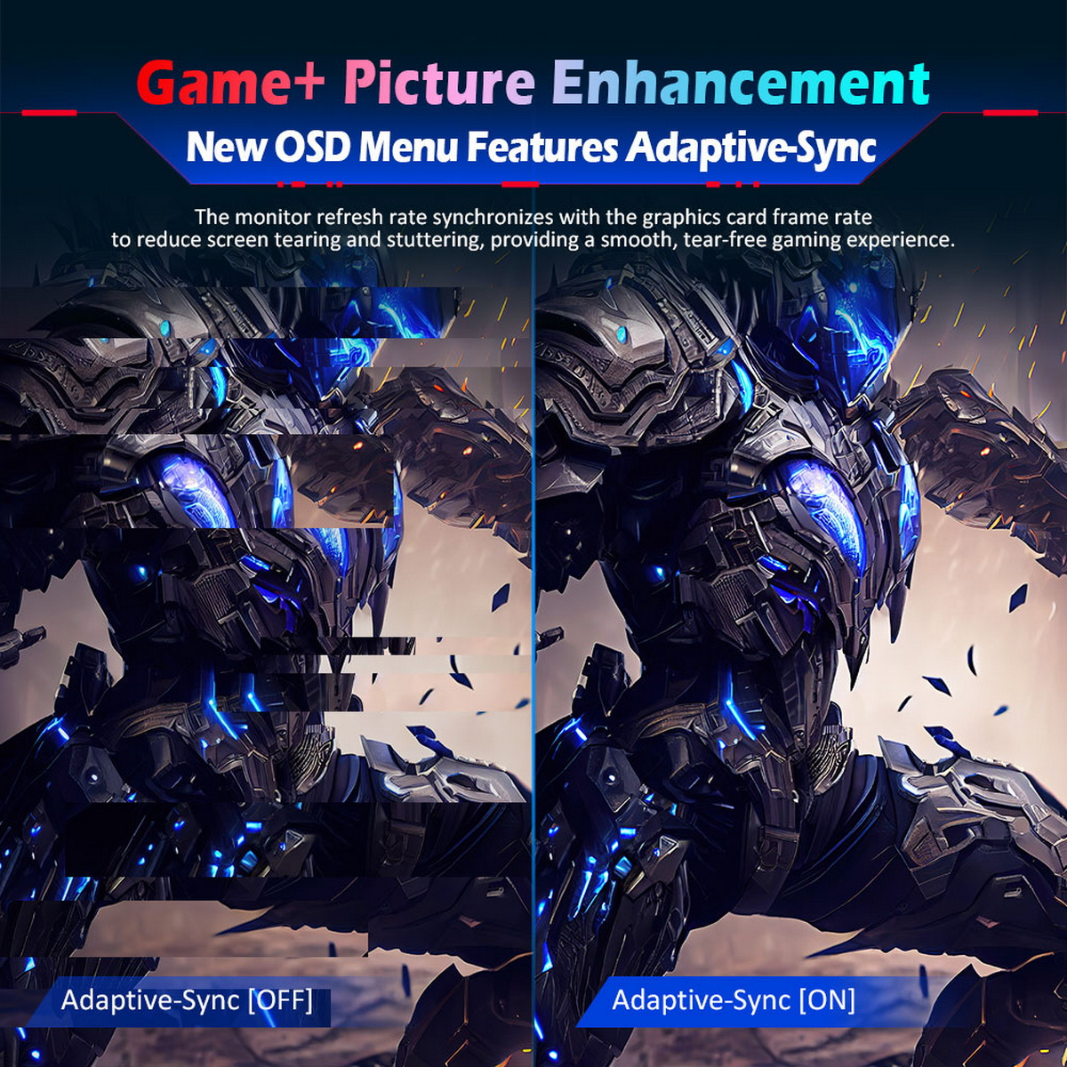 Obraz porównuje Adaptive-Sync wyłączone i włączone. Wyświetlony jest futurystyczny robot. Tekst podkreśla ulepszenie obrazu w grze.