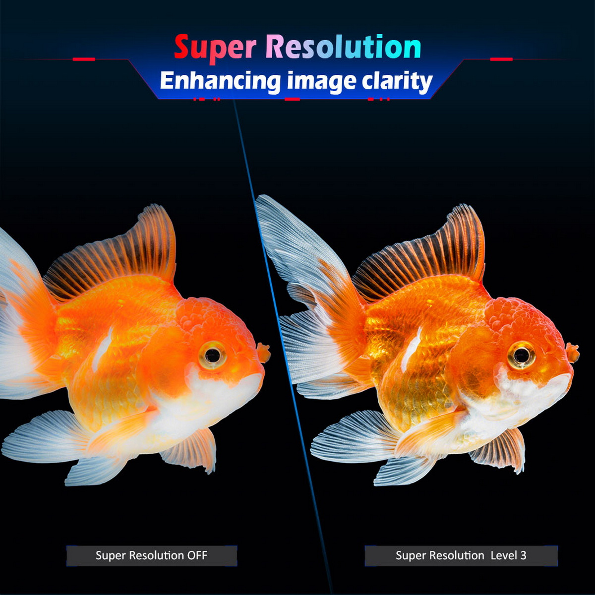 Dwie złote rybki, jedna z wyłączoną Super Rozdzielczością, druga z Poziomem 3, na czarnym tle. Tekst: Super Rozdzielczość, Poprawa klarowności obrazu.