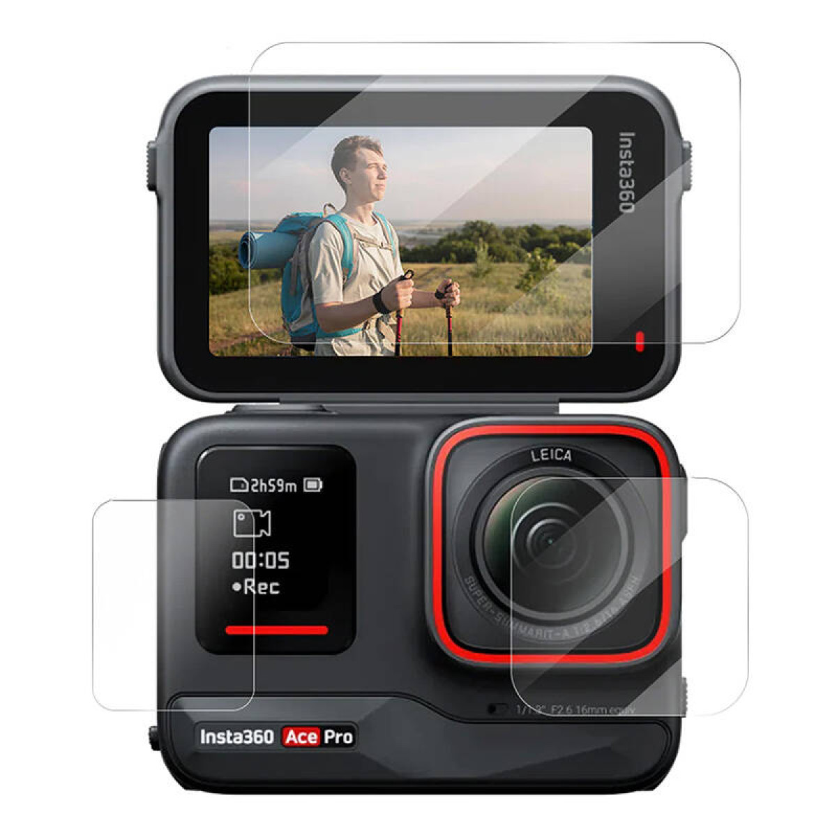 Zwart-rode actiecamera met twee schermbeschermers, met een persoon in een landschap, bedieningselementen en een lens.
