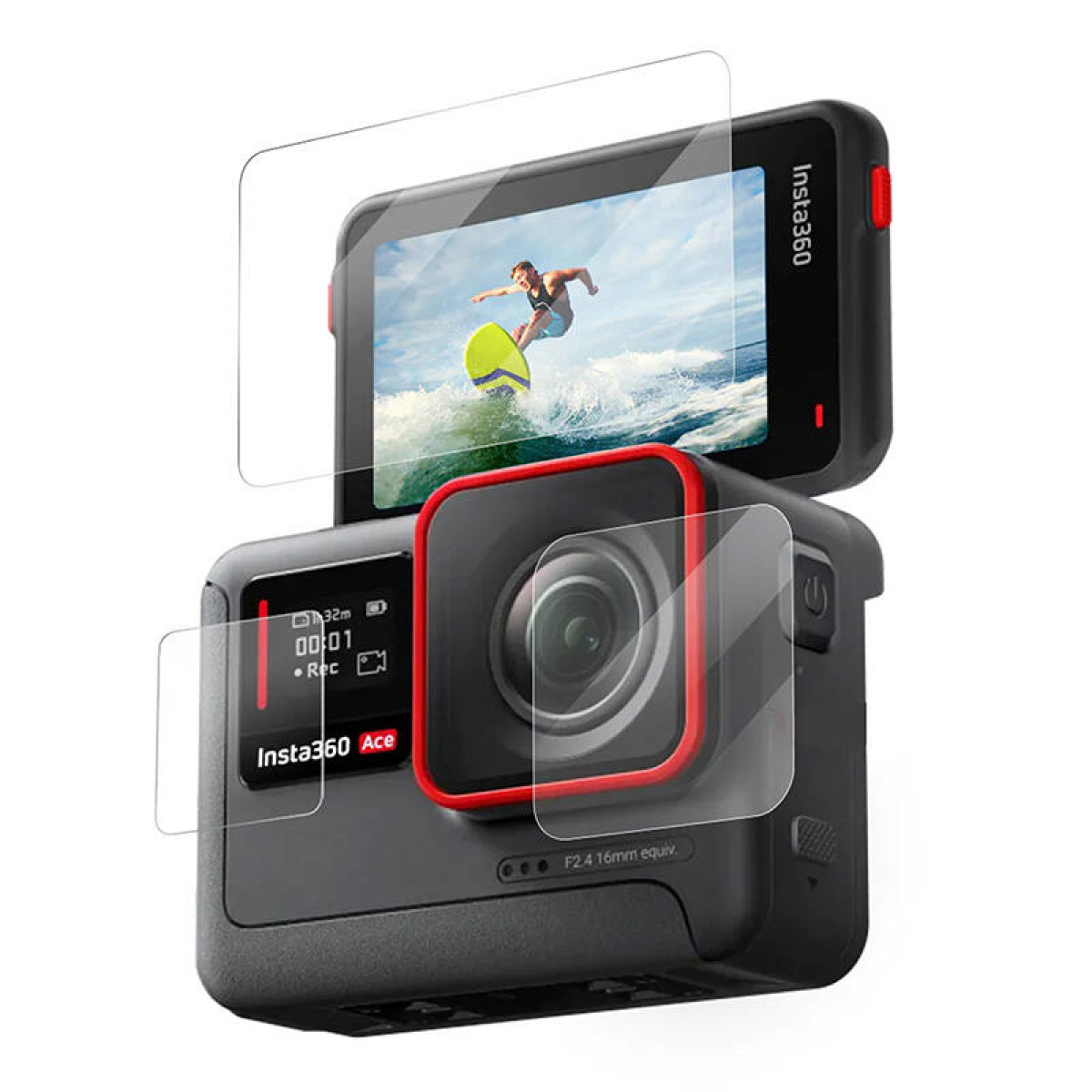 Zwarte action camera met schermbeschermers, met een surfer, op een witte achtergrond.