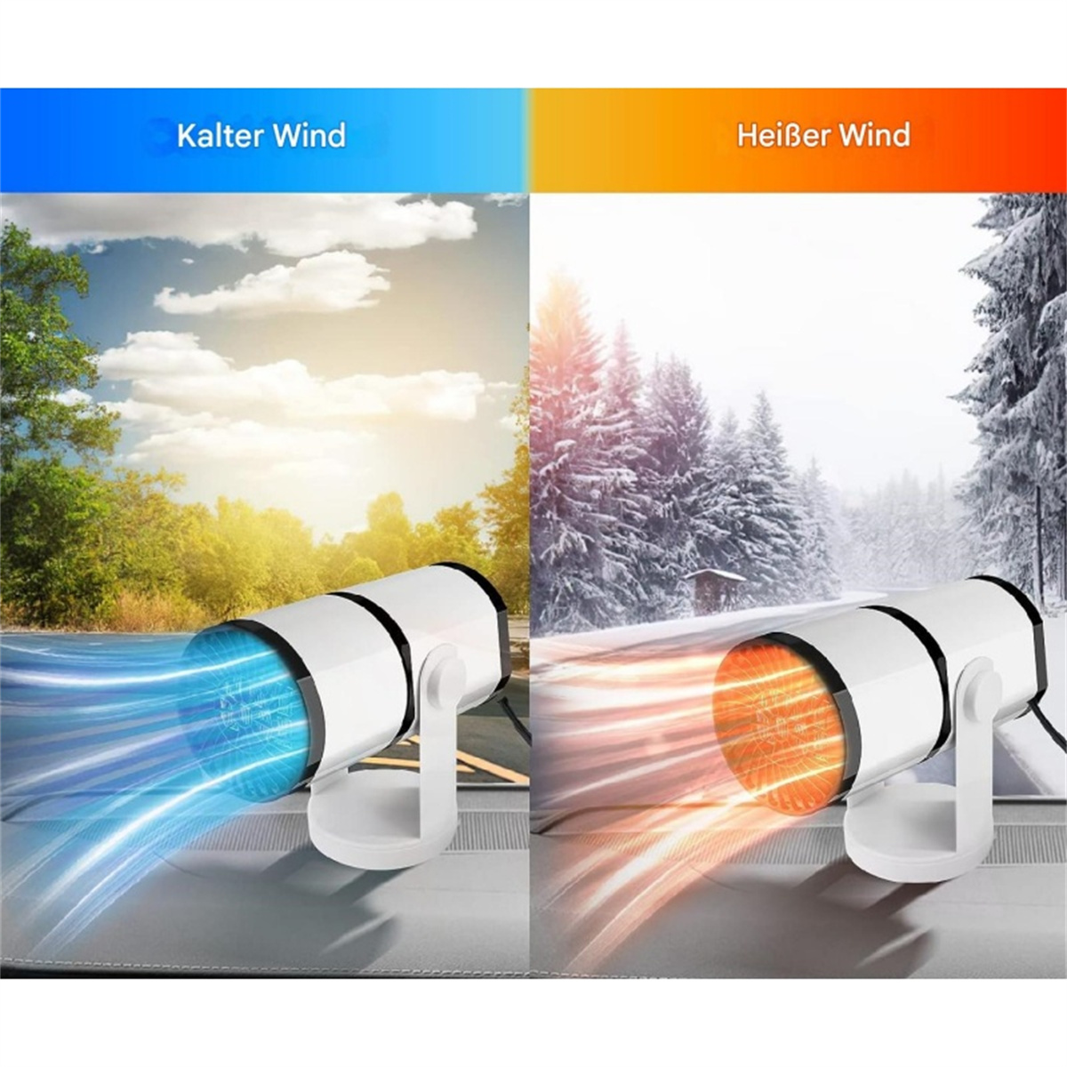 Zwei weiße tragbare Heizungen mit blauem und orangem Luftstrom, die kalte und heiße Luft darstellen.