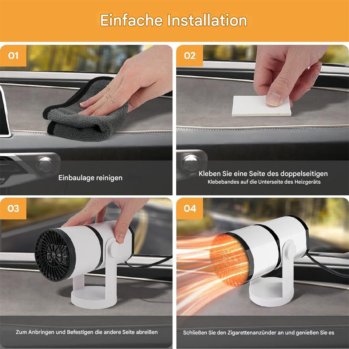 Vier Bilder, die die Installation einer Autoheizung zeigen. Die Heizung ist weiß und steht auf einem Ständer.
