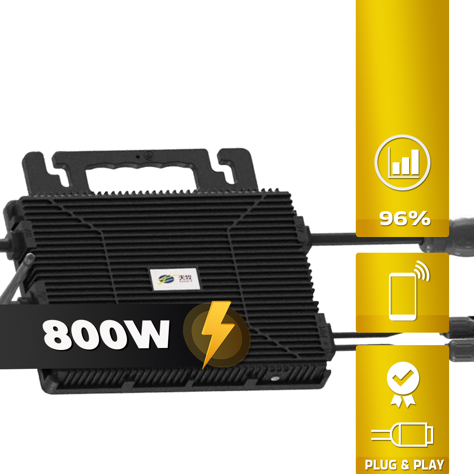 Schwarzes Solarpanel mit 800W-Text, einem Blitz und Symbolen.