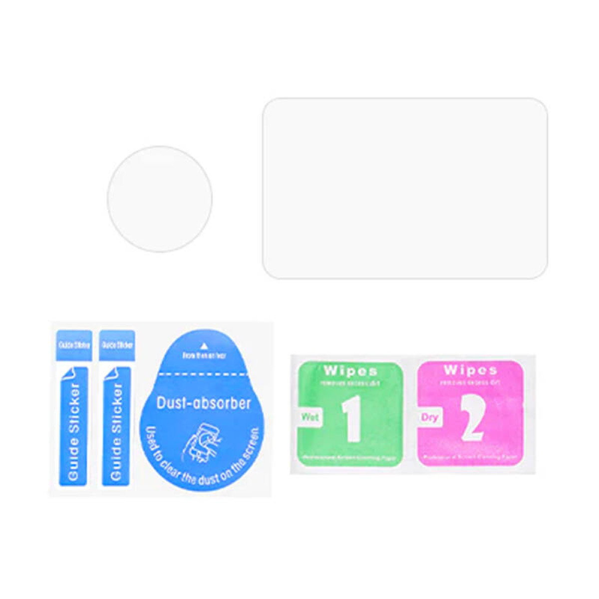 Displayschutzfolien-Set mit Tüchern, Aufklebern und Staubabsorber.