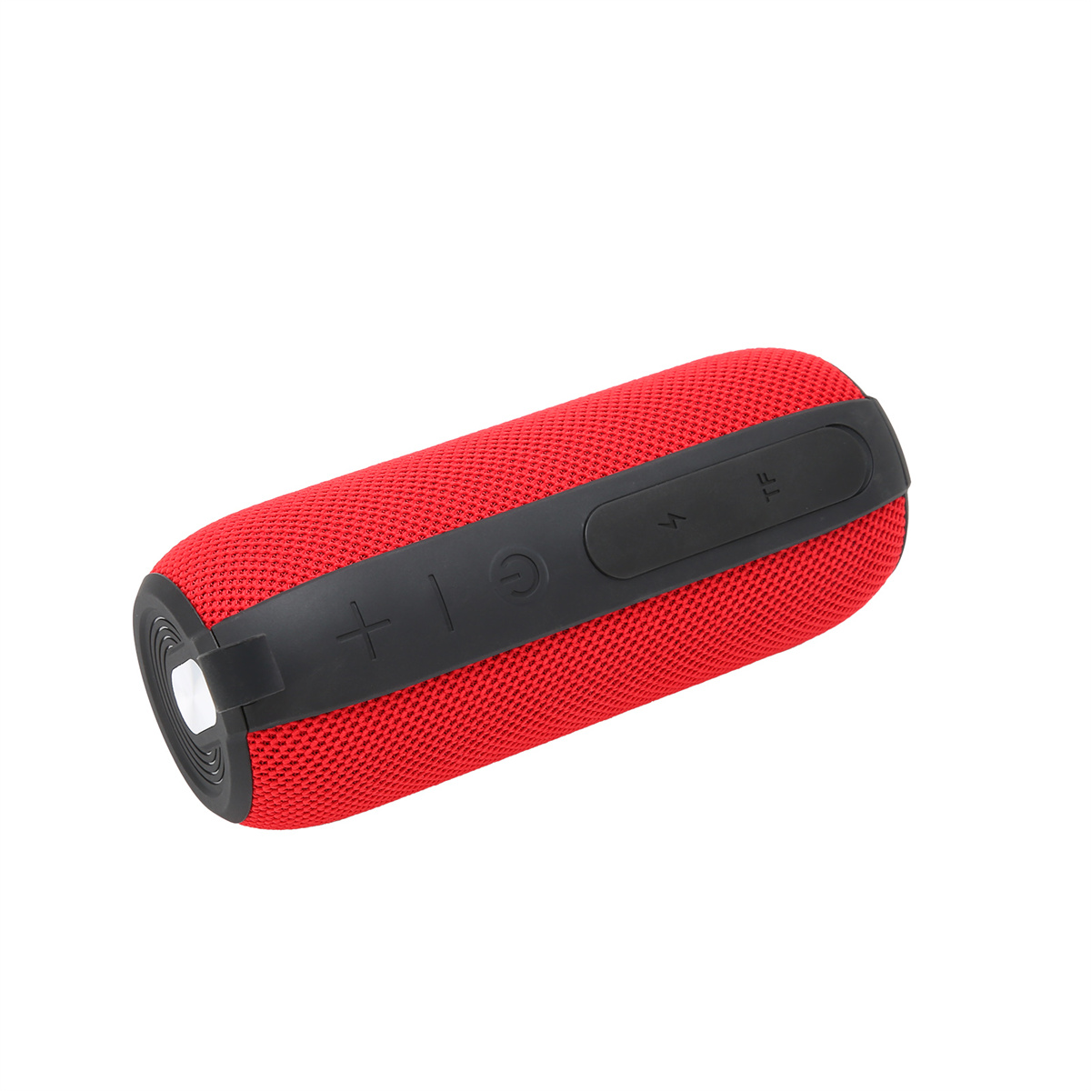 Roter zylindrischer Lautsprecher mit schwarzen Bedienelementen, einem Mesh-Cover und einem Ende mit Licht.