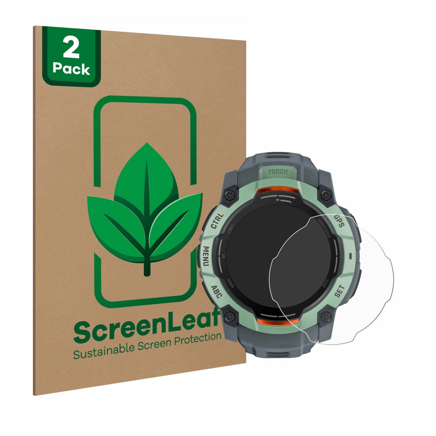 Smartwatch mit Displayschutzfolie und einer Displayschutzfolienbox. Auf der Box steht 'ScreenLeaf'.