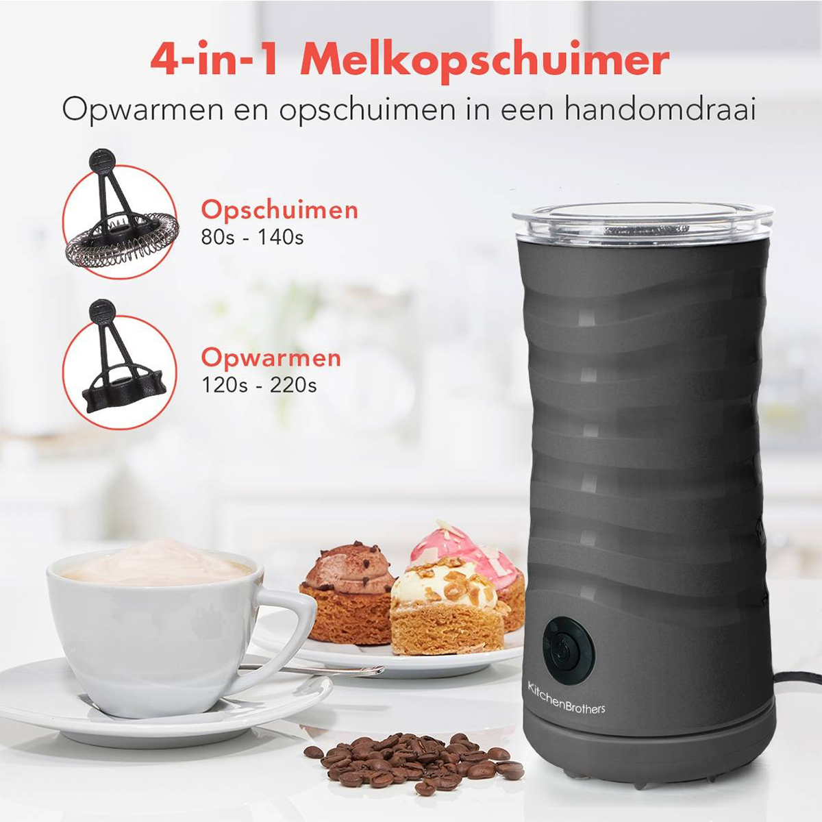 Schwarzer Milchaufschäumer mit Zubehör. Tasse Milch und Gebäck im Vordergrund. Schokoladenchips.