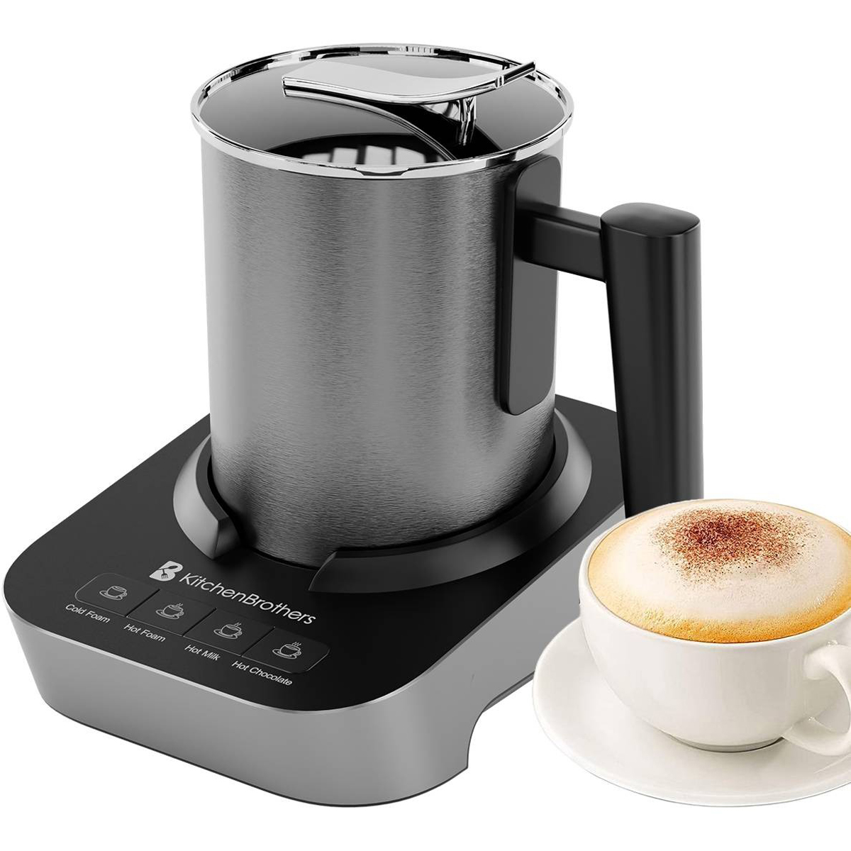 Milchaufschäumer aus Edelstahl mit einer Tasse Cappuccino.