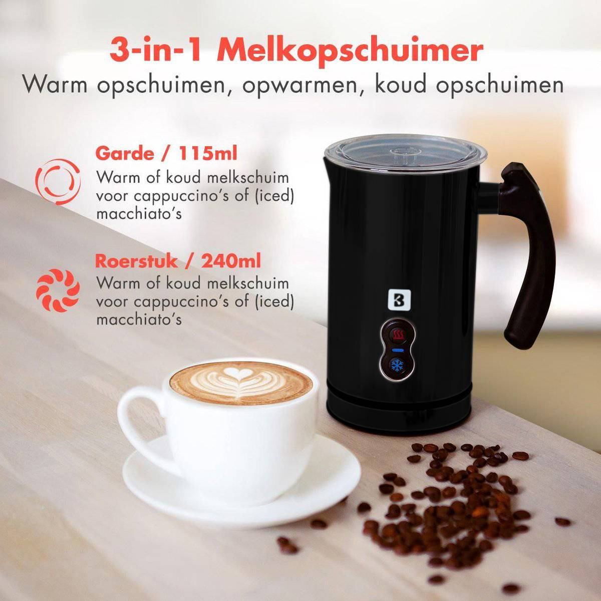 Schwarz-silberner Milchaufschäumer mit Kaffeetasse und Schaum. Text: 3-in-1 Milchaufschäumer.