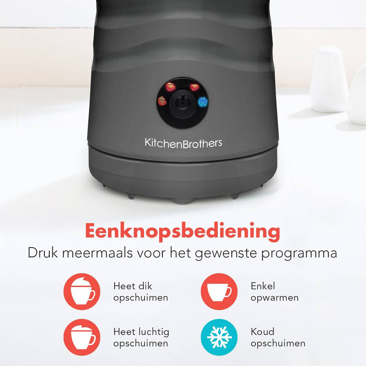 Kaffeemaschine mit Bedienknöpfen. Text: Ein-Knopf-Bedienung, Programmanzeigen und kalter Schaum.