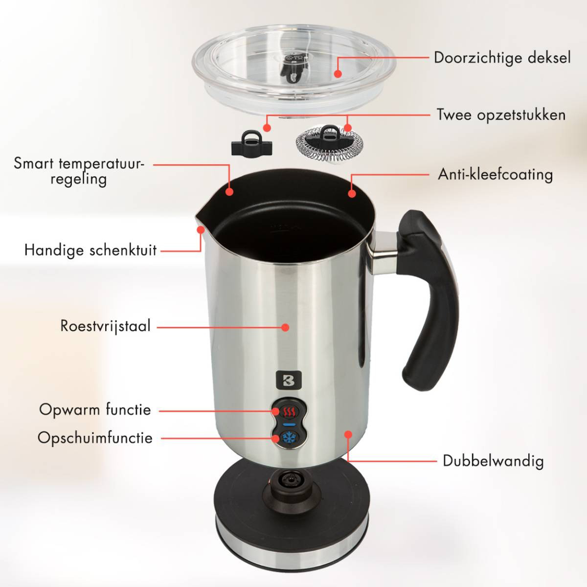 Detaillierte Ansicht eines schwarzen und silbernen Milchaufschäumers mit niederländisch beschrifteten Teilen.