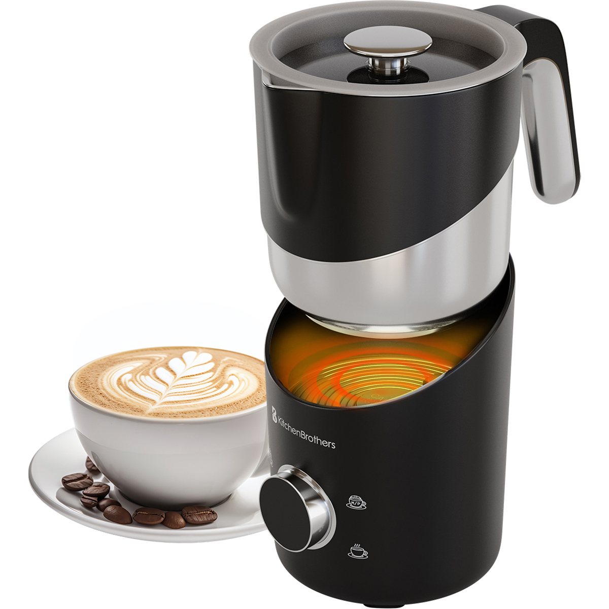 Ein schwarzer Kaffeezubereiter mit Kaffee und einer Tasse. Es hat ein Zifferblatt und einen silbernen Sockel.
