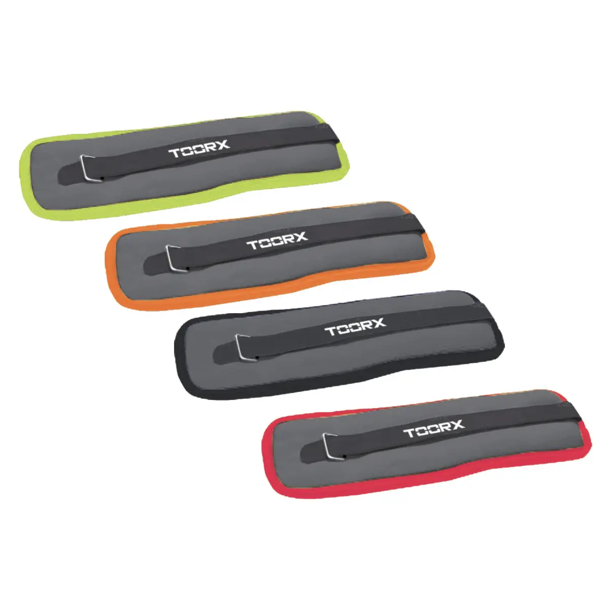 Four gray and colored exercise weights.