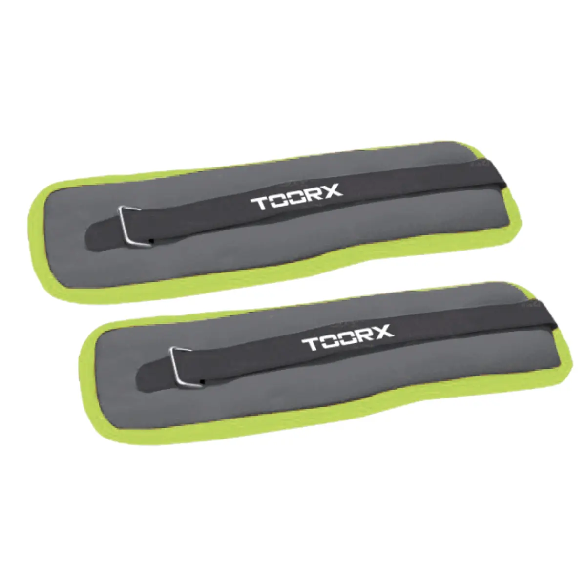 Two exercise weights, gray with green edges.