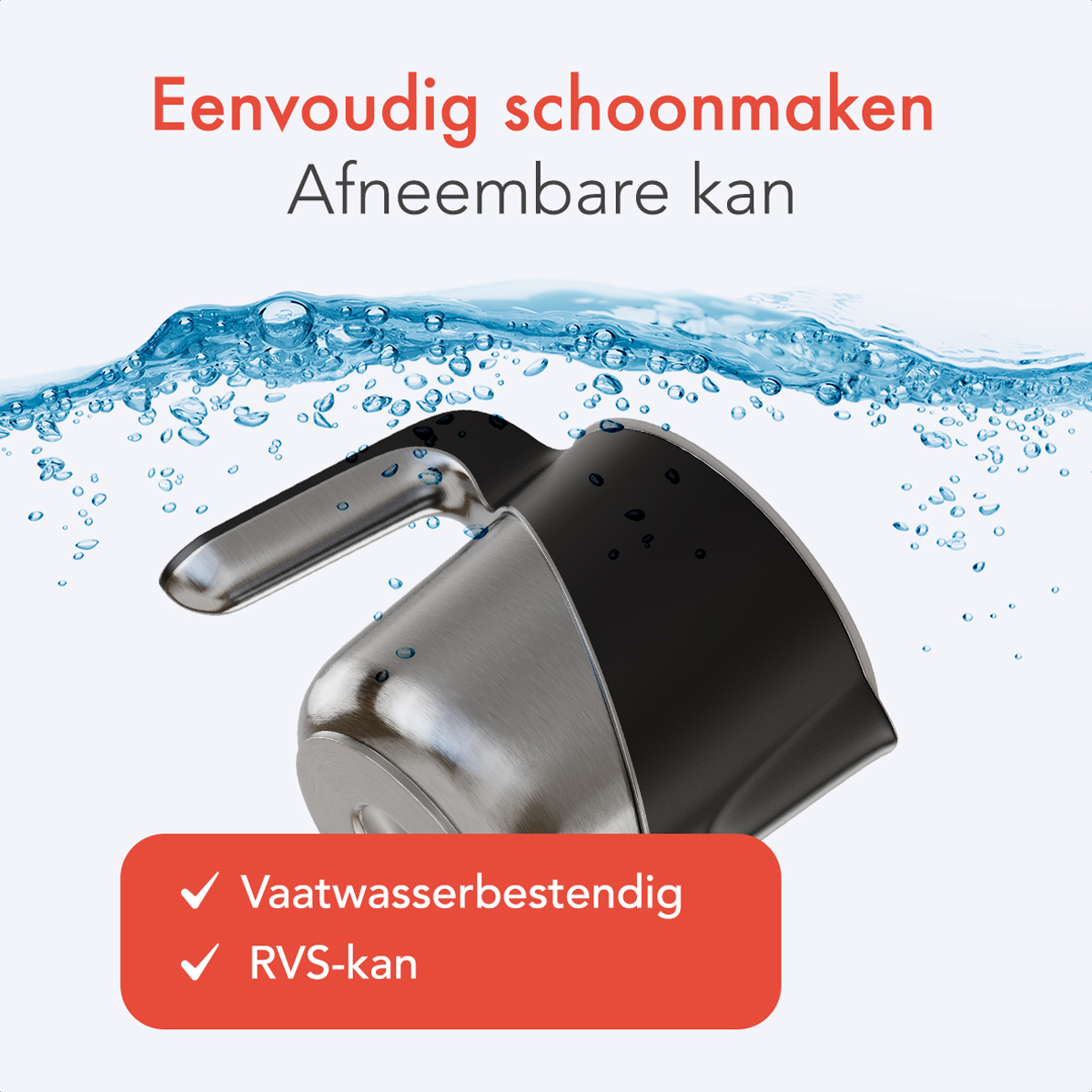 Milchkännchen aus Edelstahl mit Griff. Wasserspritzer-Effekt. Text über Geschirrspülersicherheit.