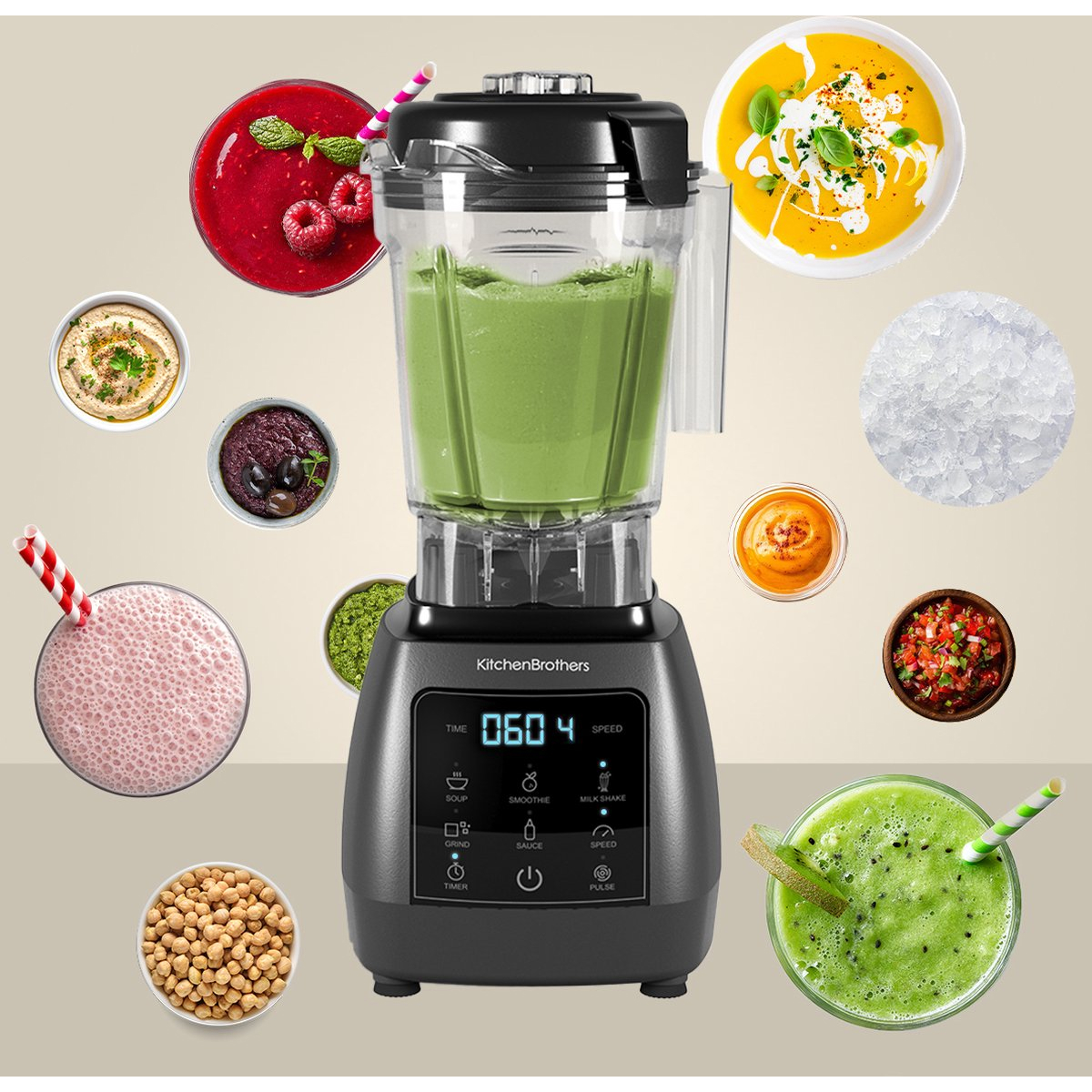 Een zwarte blender met diverse voedingsmiddelen eromheen in verschillende kommen.