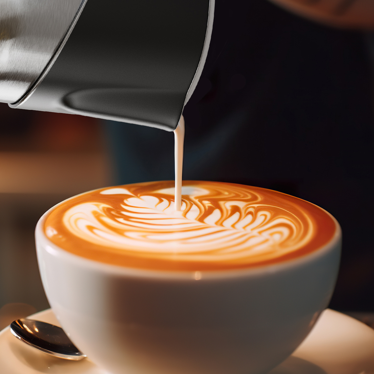 Latte Art wird in eine weiße Tasse gegossen. Der Kaffee ist braun, mit weißer Schaumkunst.