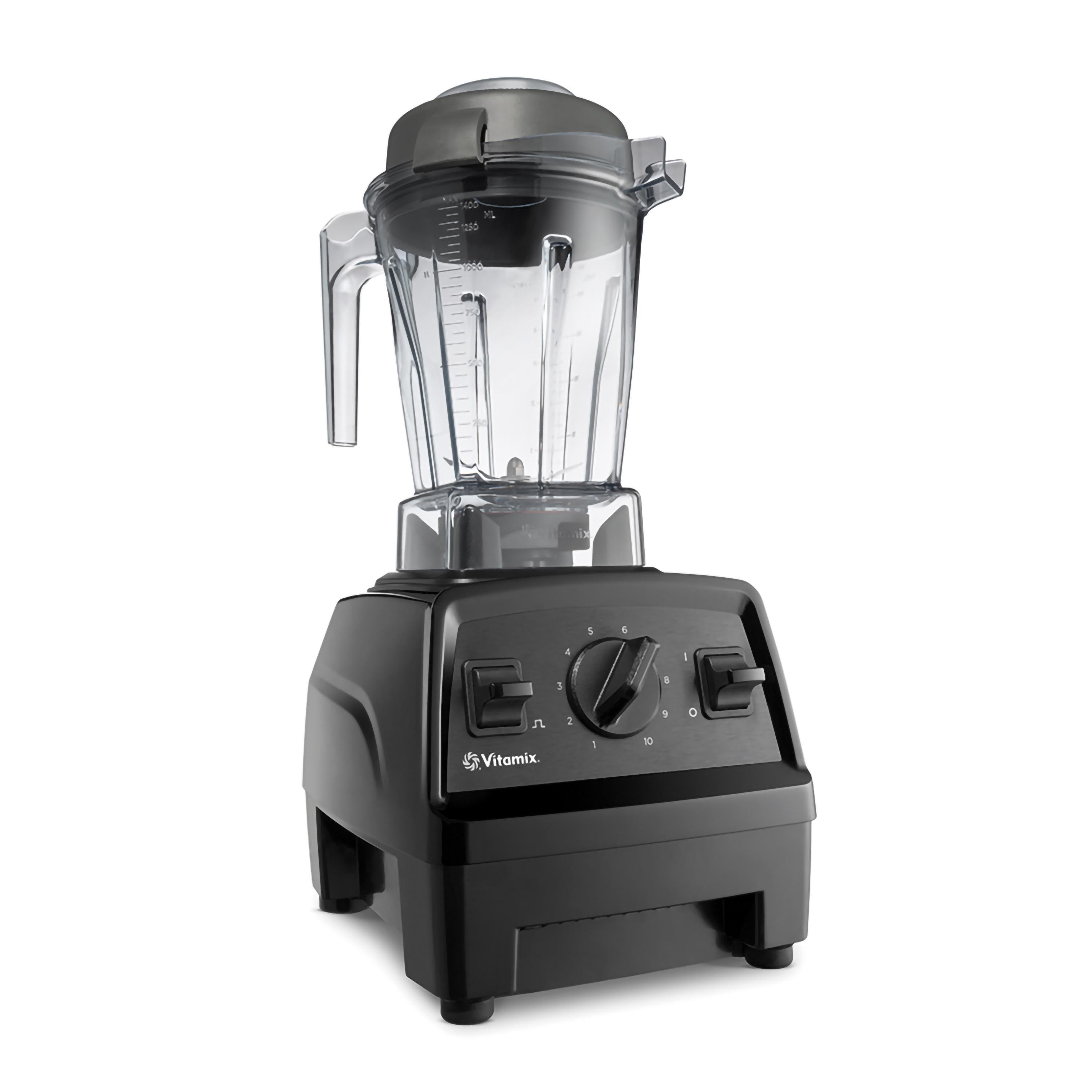 Ein schwarzer Vitamix-Mixer. Es hat einen transparenten Behälter mit Messungen und eine schwarze Basis mit Bedienelementen.