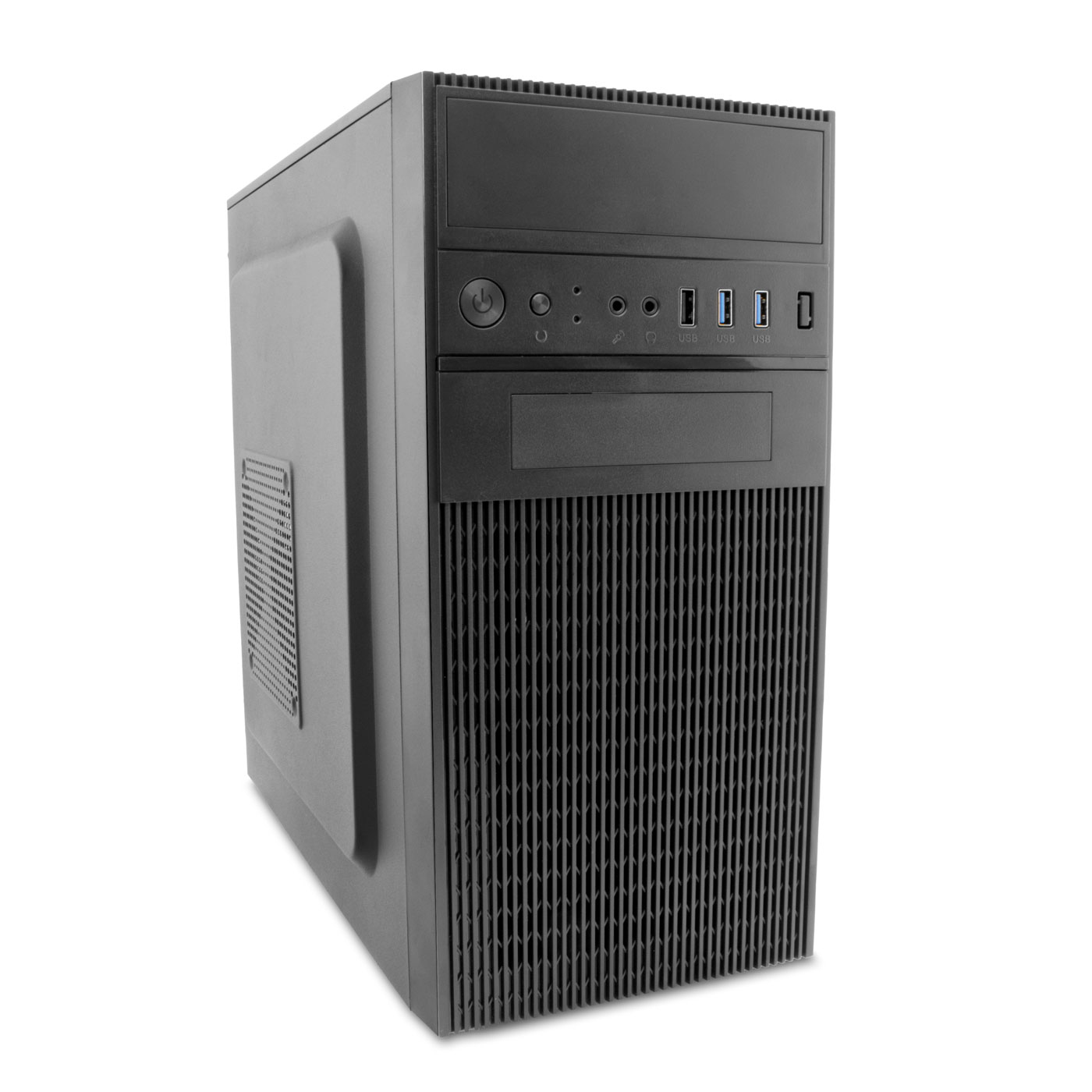 Case per computer nero con pulsanti e porte USB sul pannello frontale. Il case è orientato verticalmente.