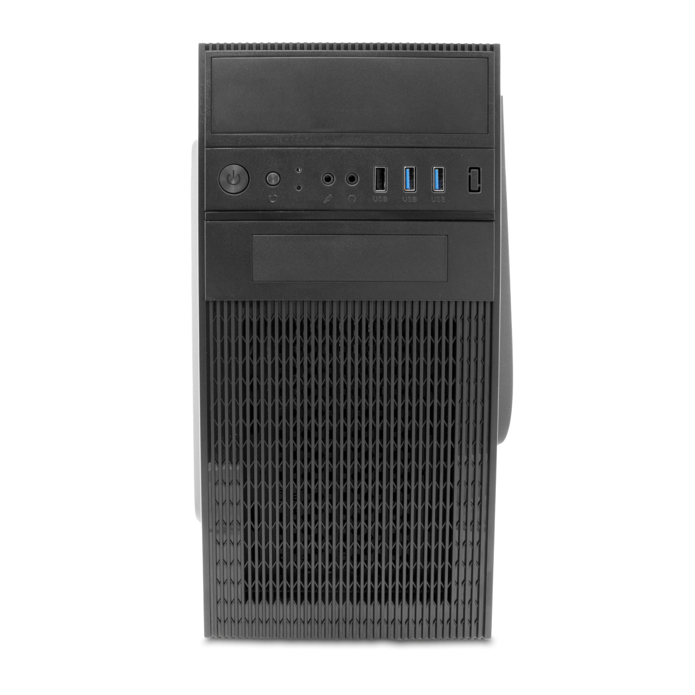 Case nero per computer con pulsante di accensione, porte USB e altre porte sul pannello frontale.