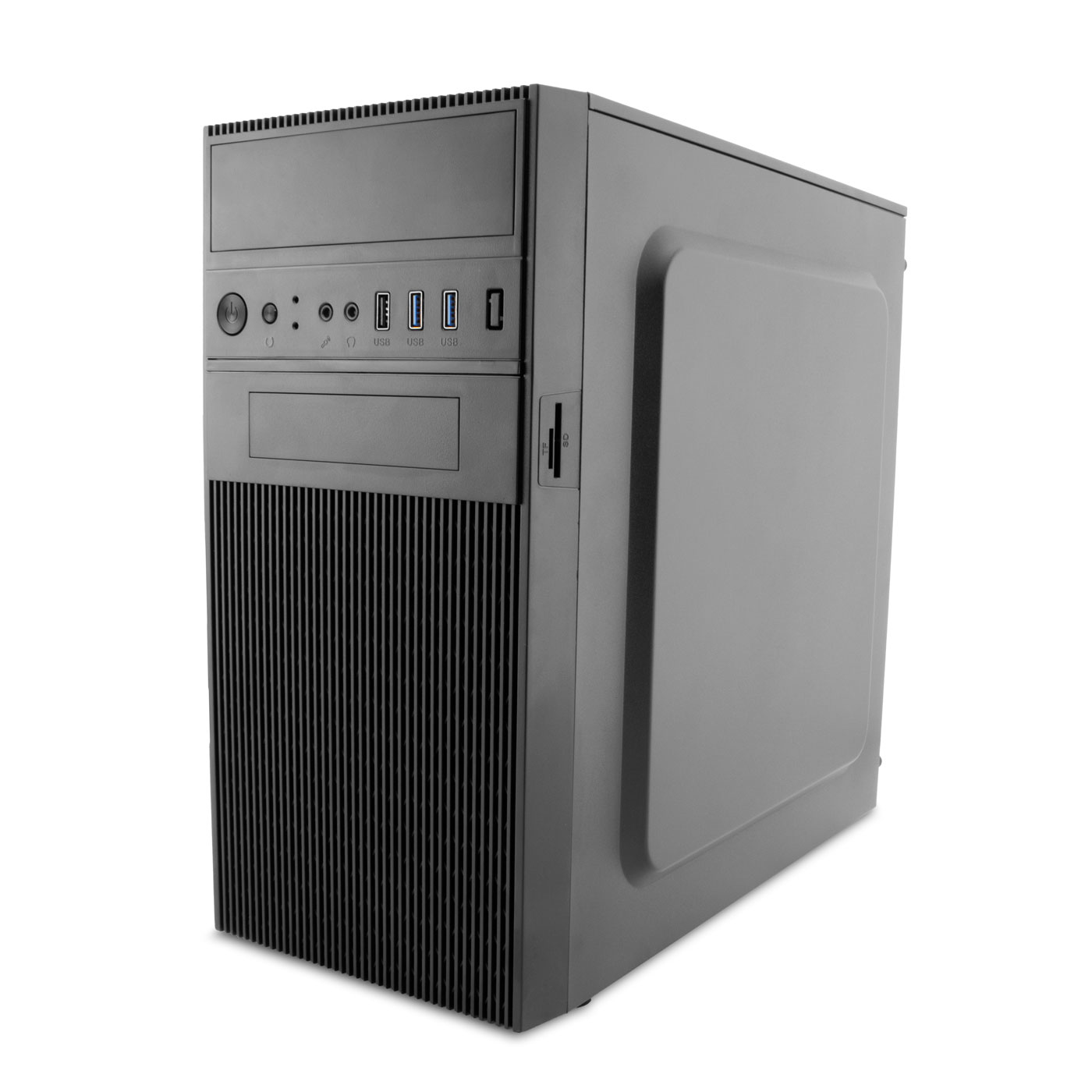 Un case per computer nero con varie porte e pulsanti sulla parte anteriore.