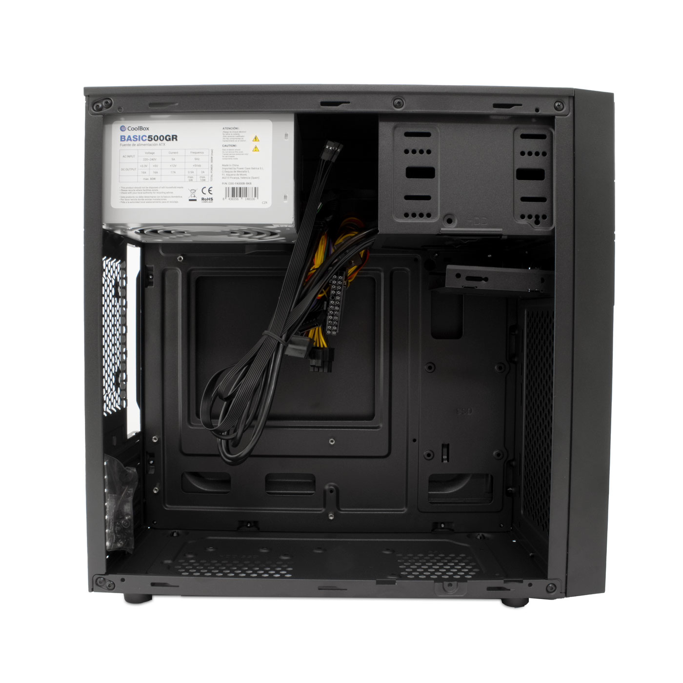 L'interno di un case per PC, che mostra l'alimentatore, i cavi e lo spazio per i componenti.