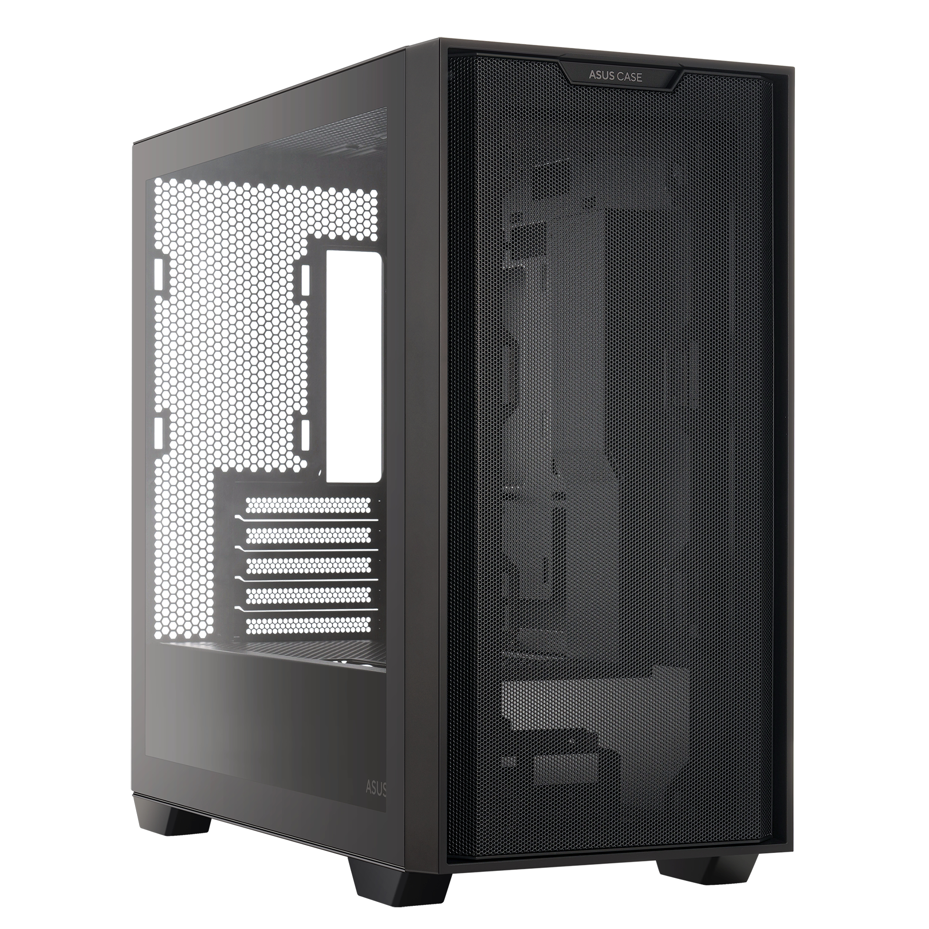 Case per computer nero con pannello frontale a rete, pannello laterale e finestra in vetro, su bianco.