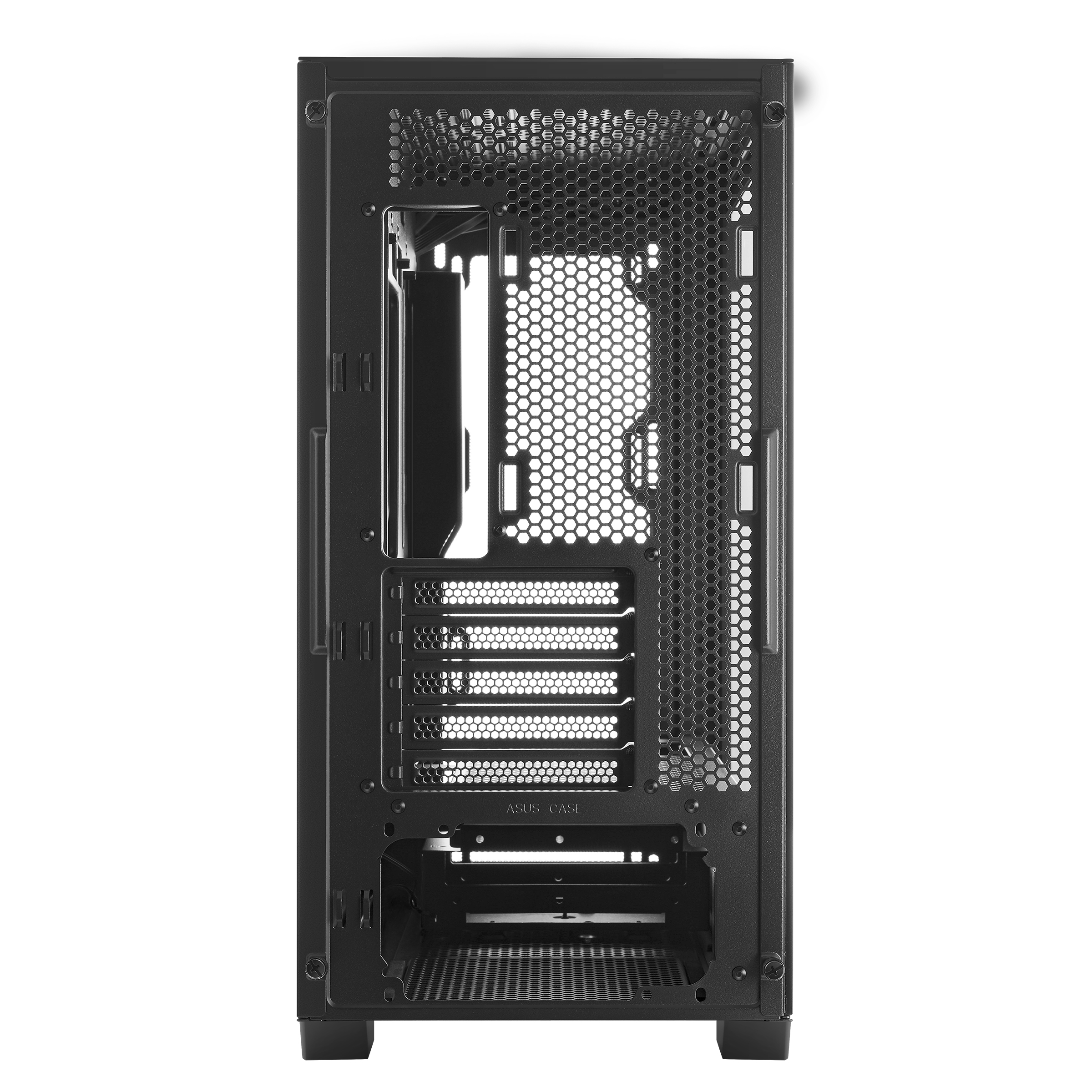 Interno del case del computer aperto, che mostra il telaio in metallo e varie aree di montaggio per i componenti, tutto nero.