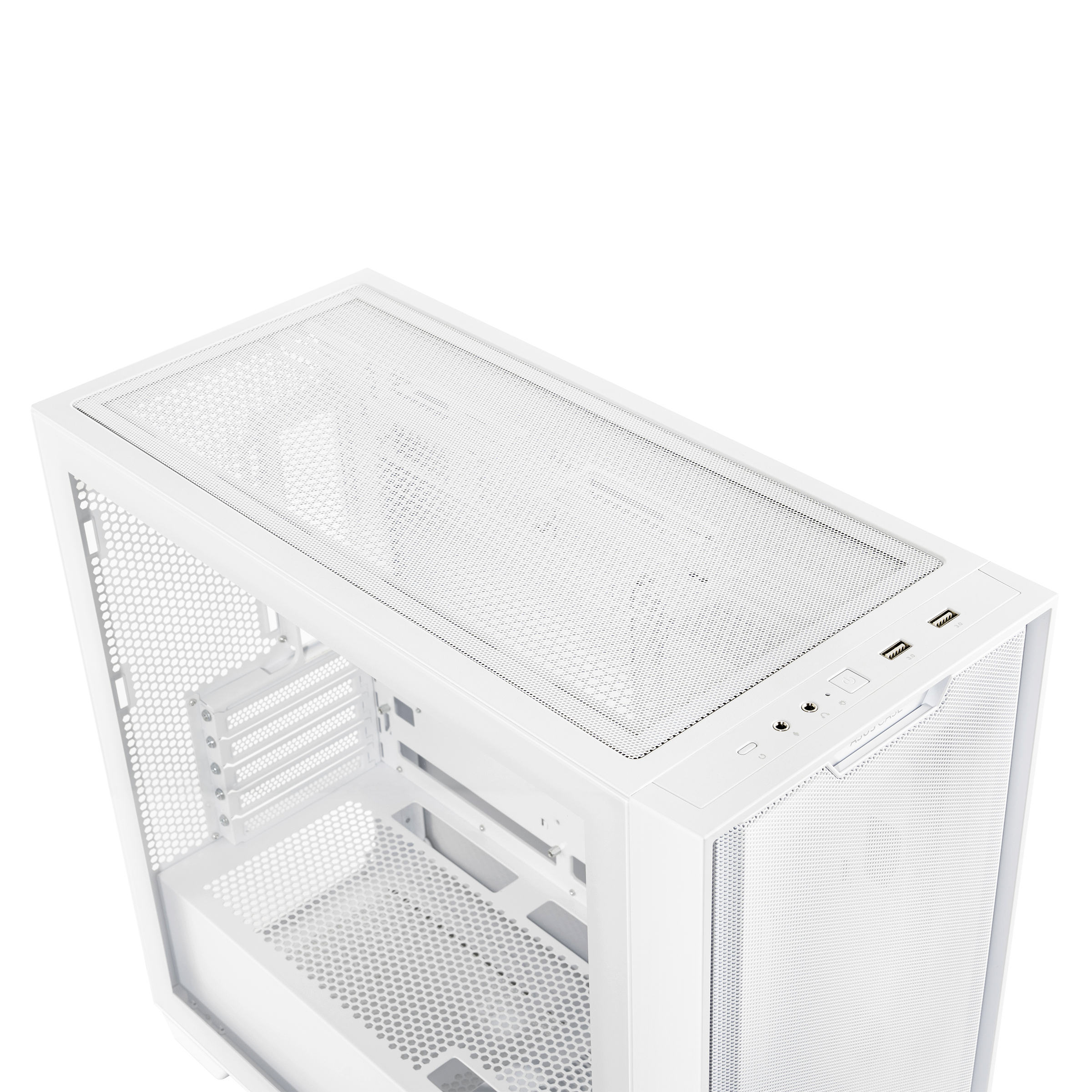 Ein weißes Computergehäuse mit Mesh-Seitenwand und -Oberseite, das interne Komponenten zeigt.