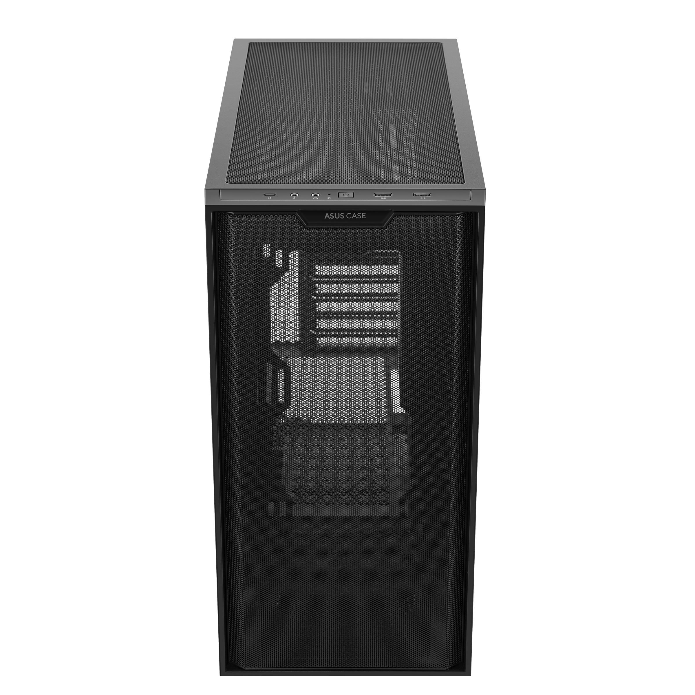 Case per computer nero con parte anteriore e superiore a rete, etichetta ASUS CASE.
